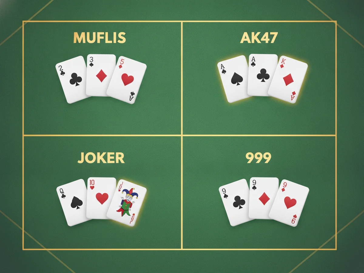 Four popular Teen Patti variations shown in a grid: Muflis, AK47, Joker and 999, each with example cards