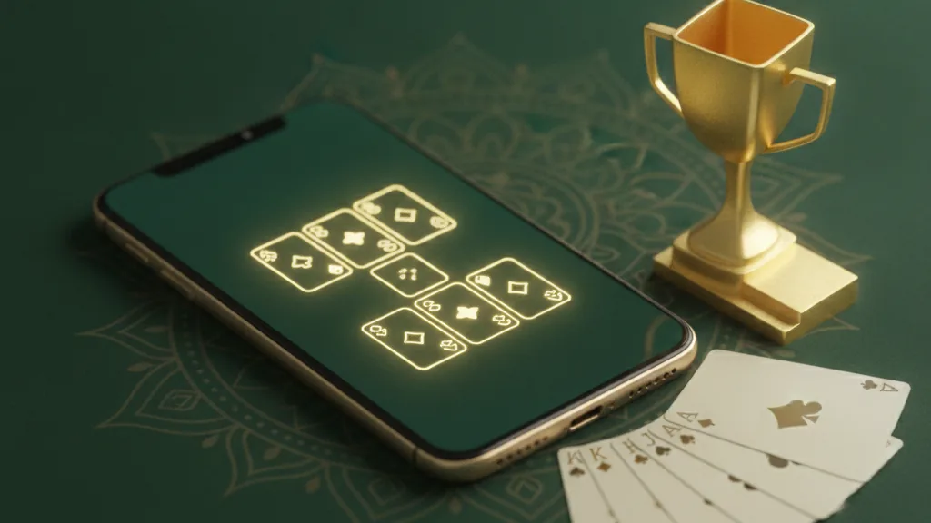A smartphone showing a 13-card rummy table on green felt beside a small golden trophy and fanned playing cards, illustrating a top-ranked rummy app