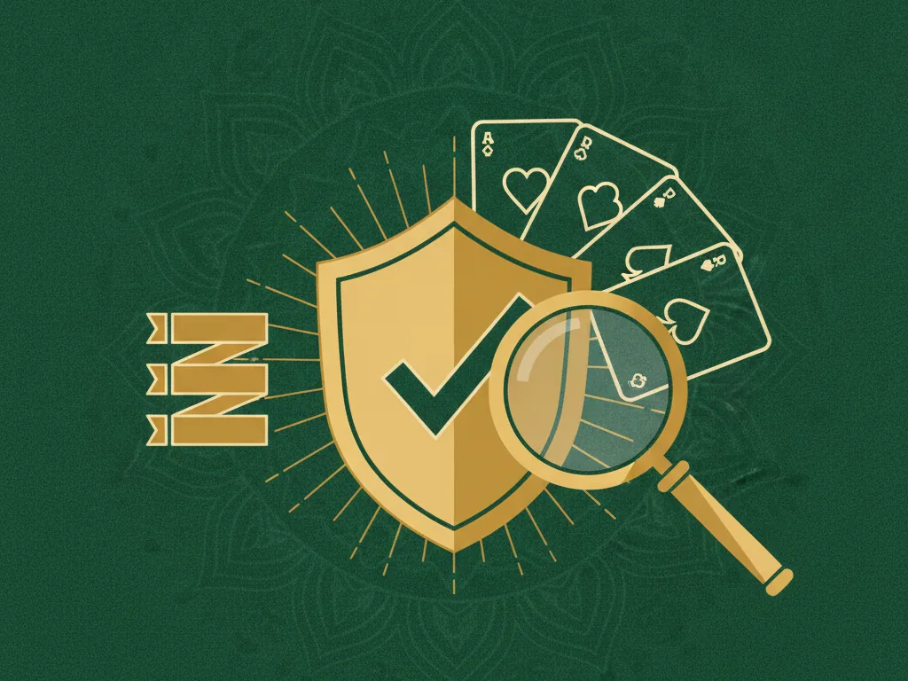 A golden shield with a check mark, a ranking list and a magnifying glass over playing cards on green felt, representing how to pick a safe top rummy app