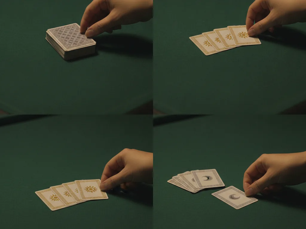 Two-player Rummy turn steps tutorial: four panels showing draw a card from the stock or discard pile, meld sets and runs, lay off cards onto table melds, then discard one card to end the turn