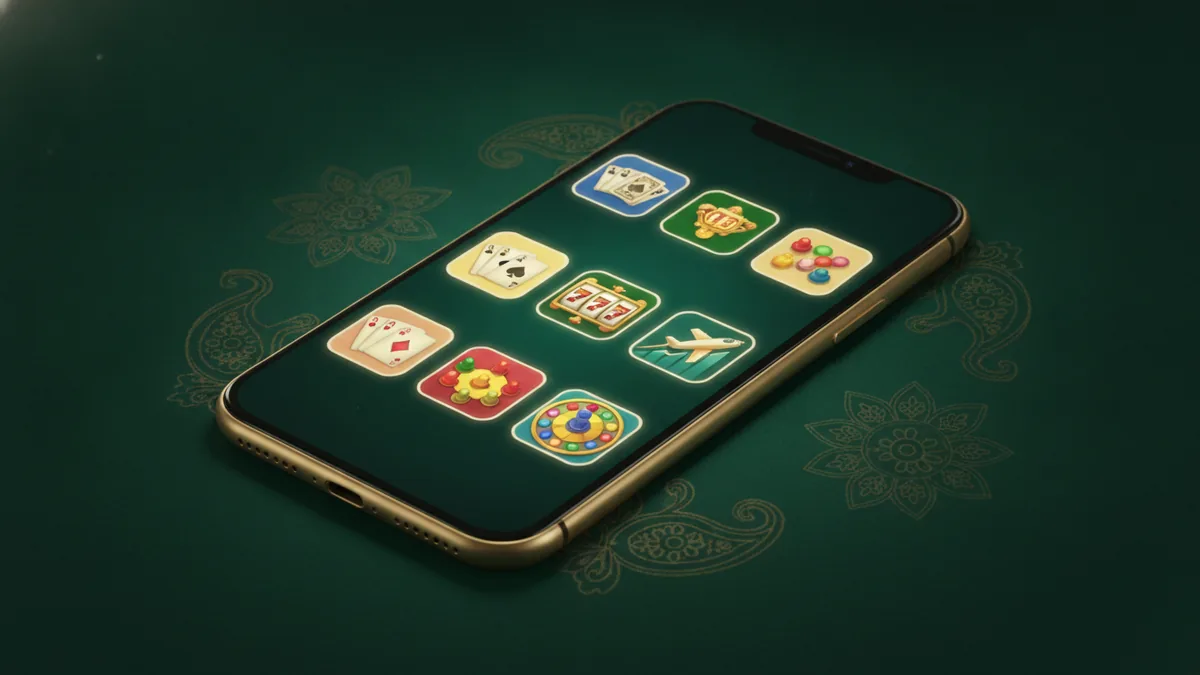 A smartphone showing a real-money gaming arcade lobby with tiles for rummy, teen patti, a slot machine, ludo and a crash game on green felt