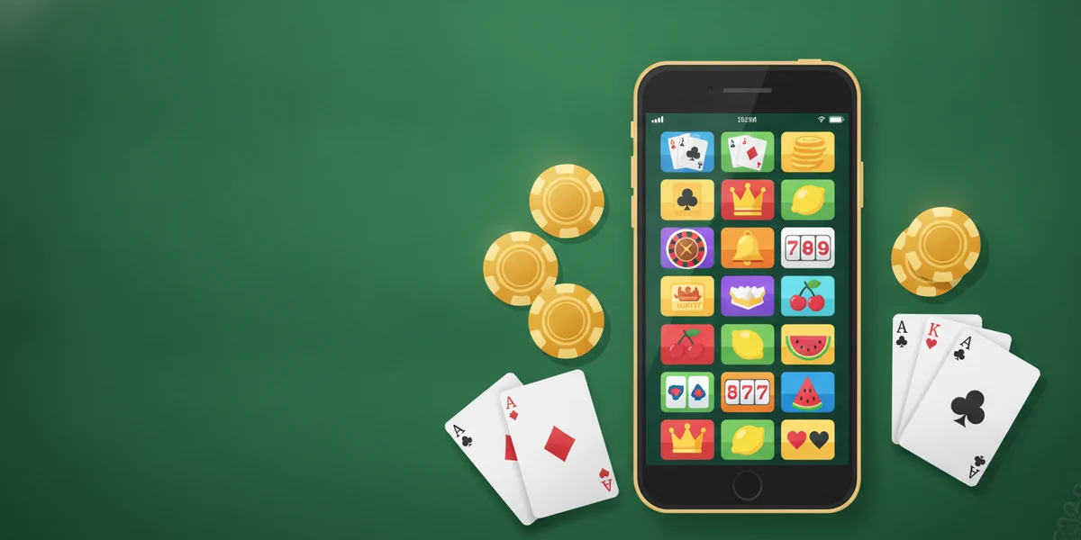 A smartphone on a green felt table showing a grid of colourful card and slot game app icons, with chips and cards beside it