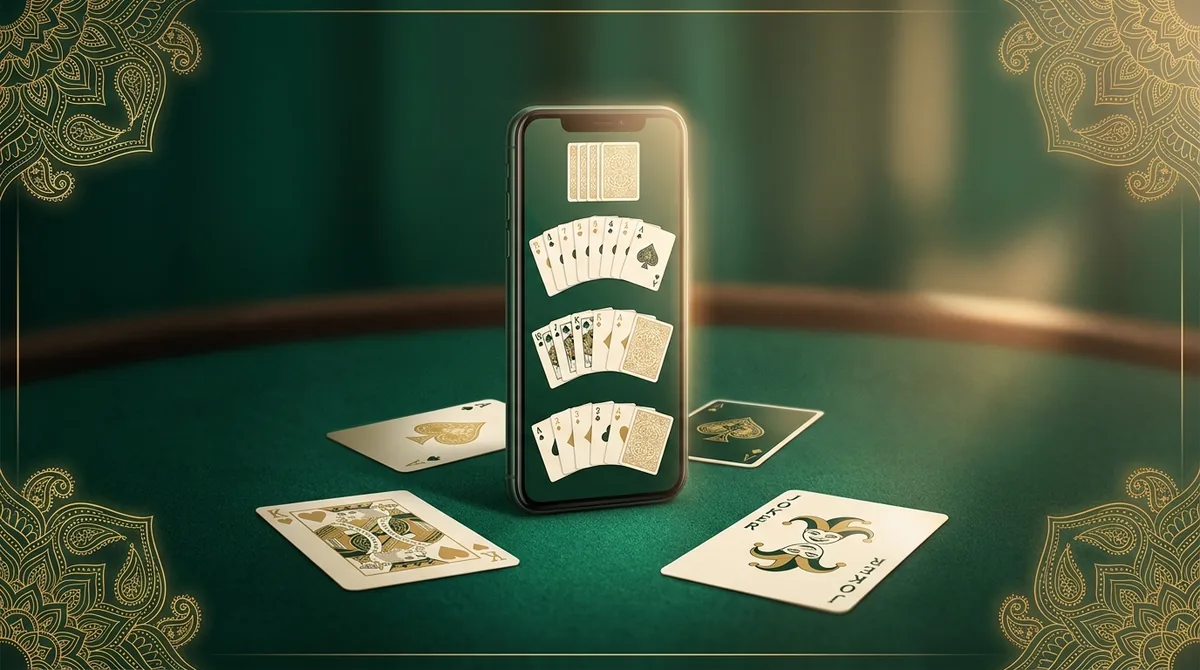 A smartphone showing a 13-card rummy game on a green felt table with gold playing cards and Indian ornamental patterns