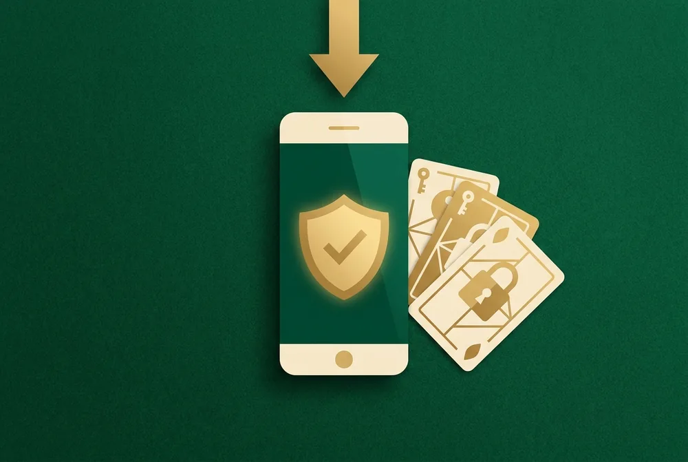Mobile phone security check concept: a shield, a download icon and playing cards on green felt symbolising safe APK installation