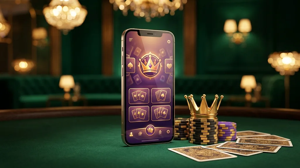 A smartphone on a green casino table showing a purple and gold card game lobby with a crown emblem, beside a golden crown resting on casino chips