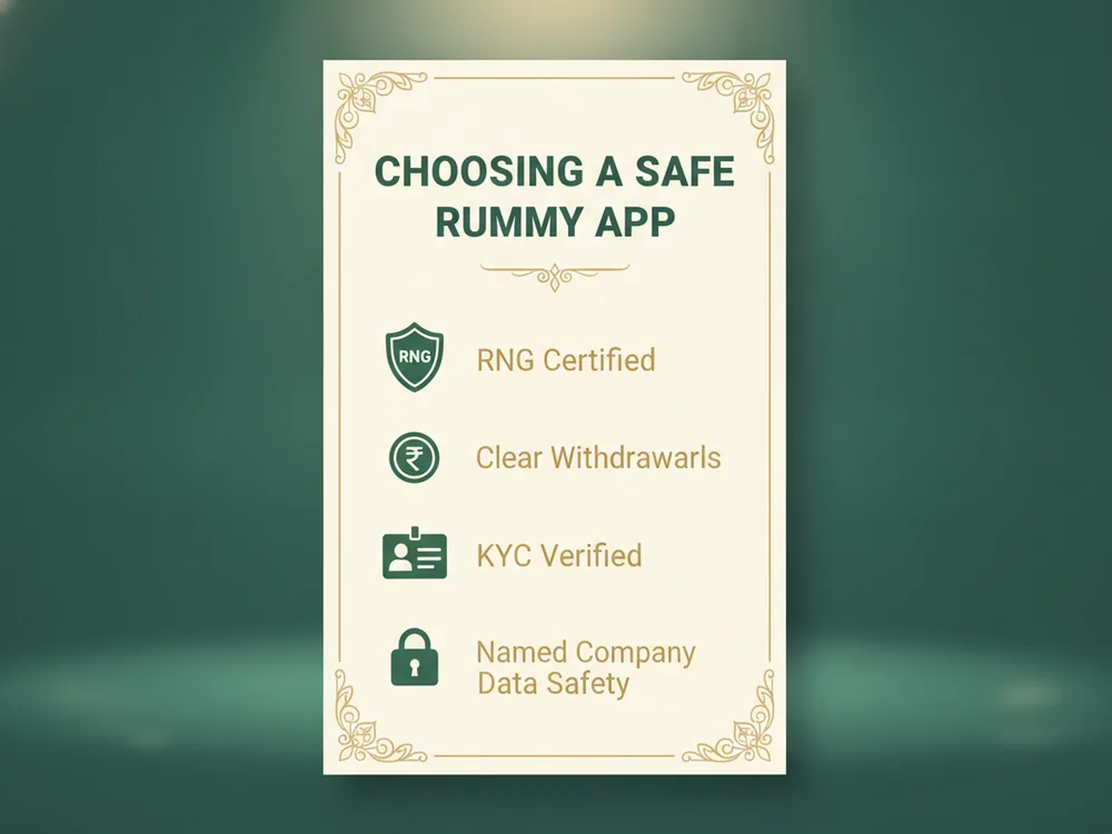 Checklist infographic for choosing a safe rummy app: RNG certified, clear withdrawals, KYC, named company, data safety