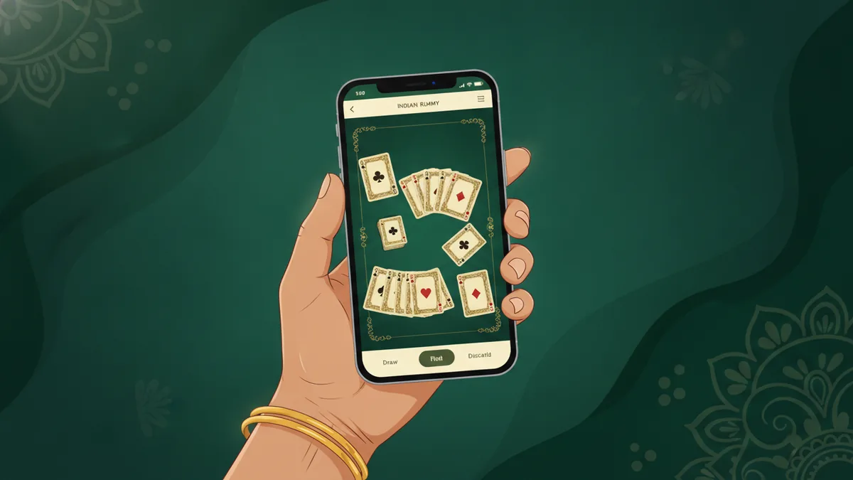 A hand holding a smartphone showing a 13-card Indian rummy table with arranged sets and runs of gold-edged cards on green felt